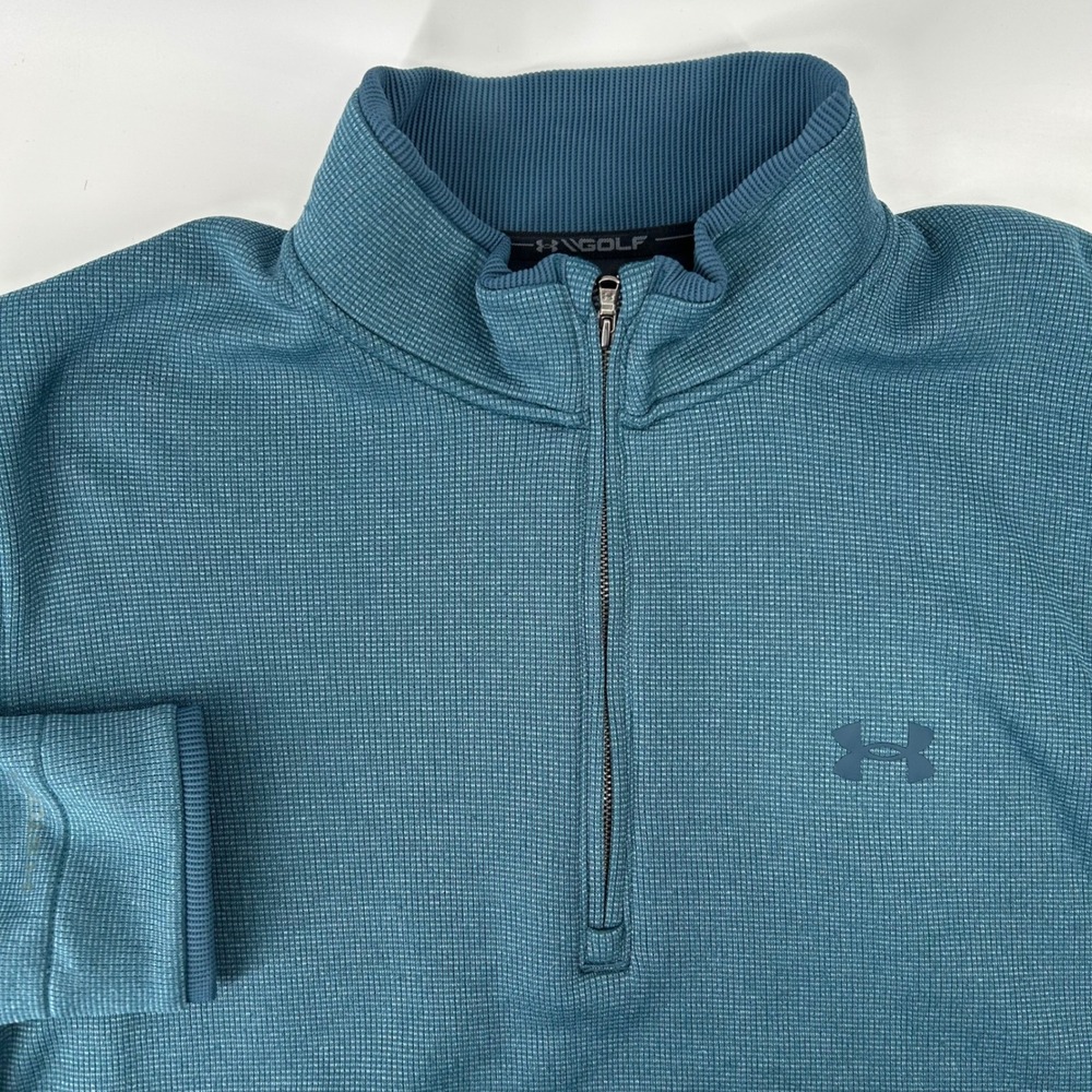 Under Armour Golf Pullover Men Large Teal Blue 1/4 Zip Waffle Knit Performance